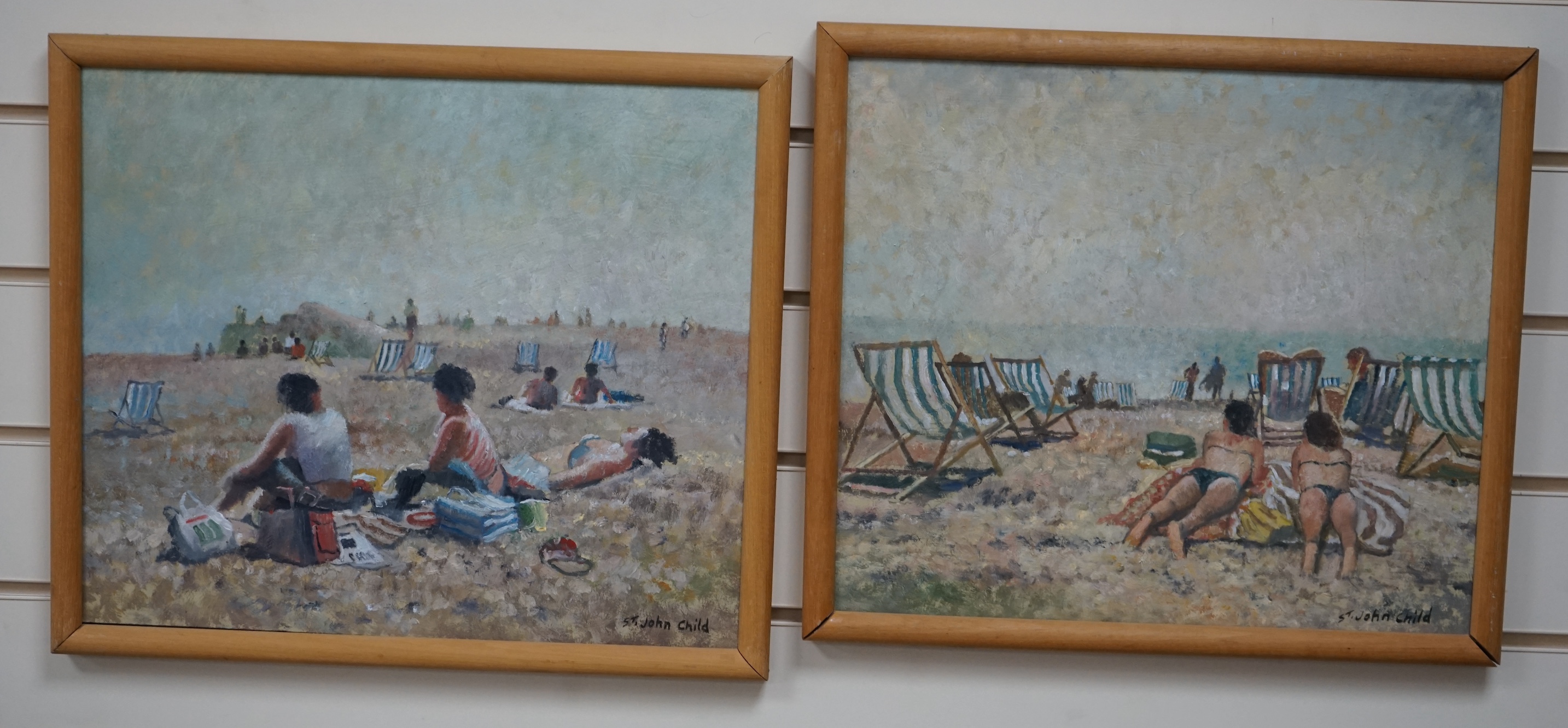 St John Child (b.1936), pair of oils on board, Beach scenes with figures, each signed, 34 x 42cm. Condition - good